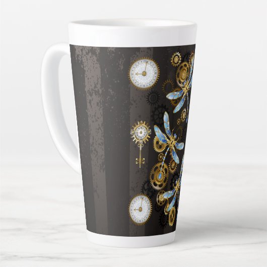 Steampunk Dragonflies op bruine gestreepte achterg Latte Mok (Linkerhoek)