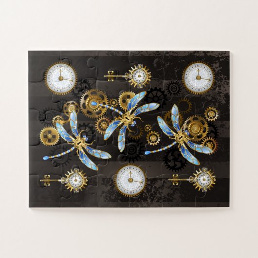 Steampunk Dragonflies op bruine gestreepte achterg Legpuzzel (Horizontaal)