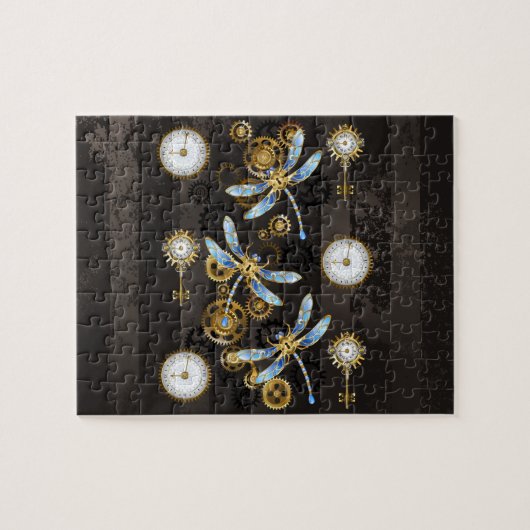 Steampunk Dragonflies op bruine gestreepte achterg Legpuzzel (Horizontaal)