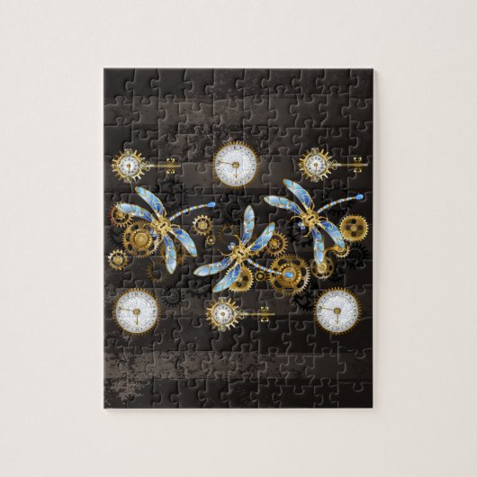 Steampunk Dragonflies op bruine gestreepte achterg Legpuzzel (Verticaal)