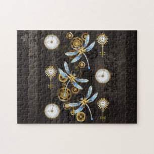Steampunk Dragonflies op bruine gestreepte achterg Legpuzzel