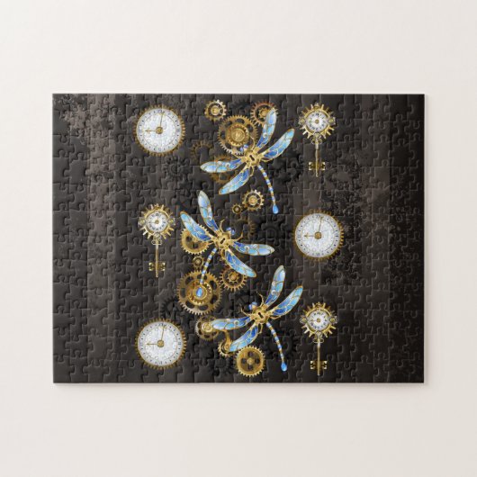 Steampunk Dragonflies op bruine gestreepte achterg Legpuzzel (Horizontaal)
