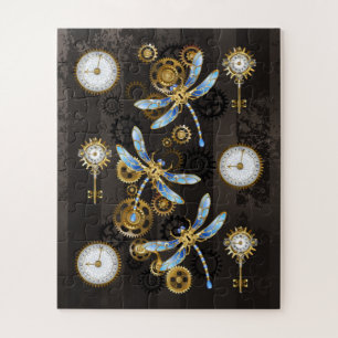 Steampunk Dragonflies op bruine gestreepte achterg Legpuzzel