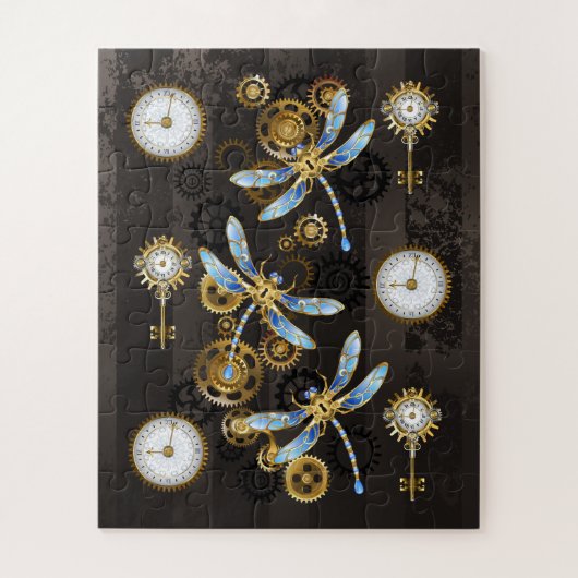 Steampunk Dragonflies op bruine gestreepte achterg Legpuzzel (Verticaal)