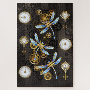 Steampunk Dragonflies op bruine gestreepte achterg Legpuzzel