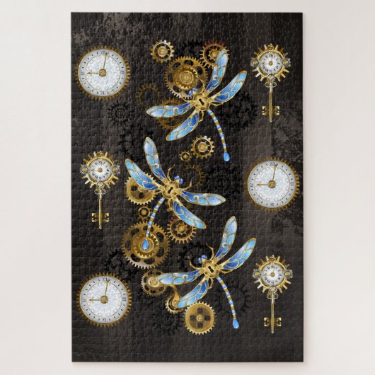 Steampunk Dragonflies op bruine gestreepte achterg Legpuzzel (Verticaal)