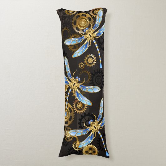 Steampunk Dragonflies op bruine gestreepte achterg Lichaamskussen (Voorkant Verticaal)
