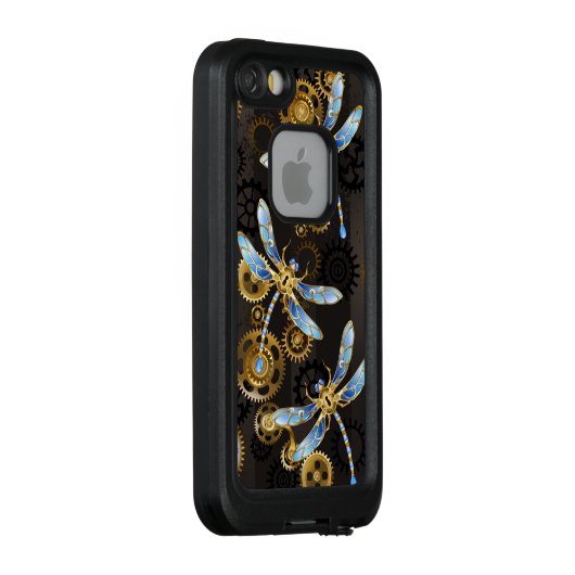 Steampunk Dragonflies op bruine gestreepte achterg LifeProof iPhone Hoesje (Achterkant / rechts)