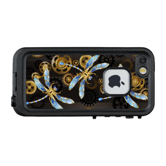Steampunk Dragonflies op bruine gestreepte achterg LifeProof iPhone Hoesje (Achterkant (horizontaal))