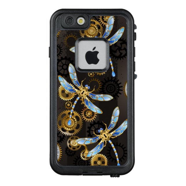 Steampunk Dragonflies op bruine gestreepte achterg LifeProof iPhone Hoesje (Achterkant)