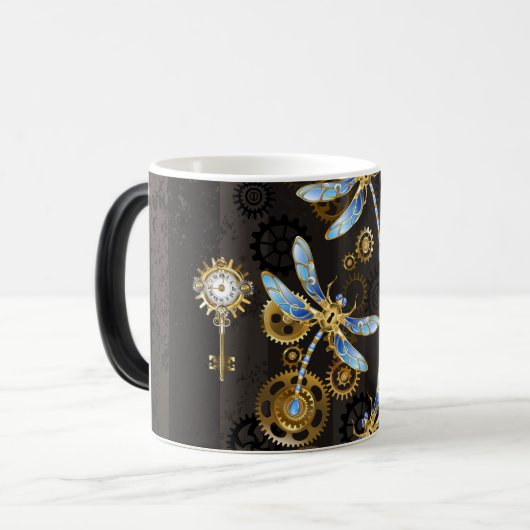 Steampunk Dragonflies op bruine gestreepte achterg Magische Mok (Voorkant links)