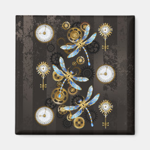 Steampunk Dragonflies op bruine gestreepte achterg Magneet