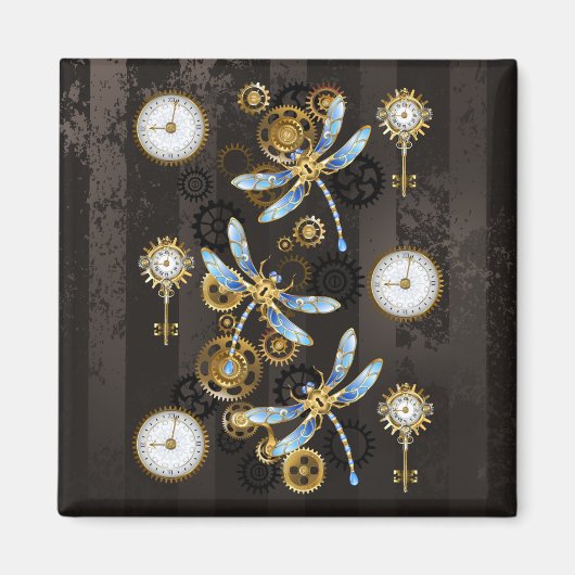 Steampunk Dragonflies op bruine gestreepte achterg Magneet (Voorkant)