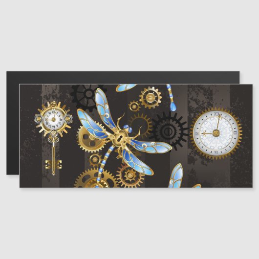 Steampunk Dragonflies op bruine gestreepte achterg Magnetische Uitnodiging (Voorkant / Achterkant)