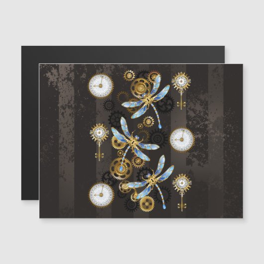 Steampunk Dragonflies op bruine gestreepte achterg Magnetische Uitnodiging (Voorkant / Achterkant)