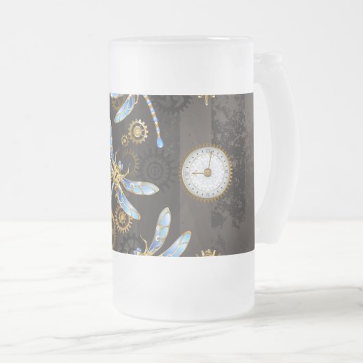 Steampunk Dragonflies op bruine gestreepte achterg Matglas Bierpul (Voorkant rechts)