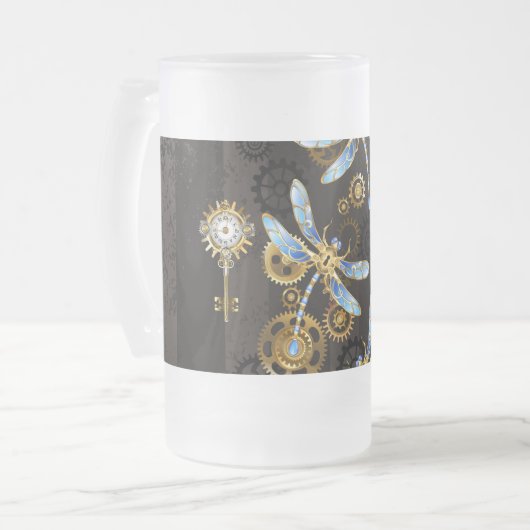 Steampunk Dragonflies op bruine gestreepte achterg Matglas Bierpul (Voorkant links)