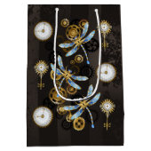Steampunk Dragonflies op bruine gestreepte achterg Medium Cadeauzakje (Achterkant)