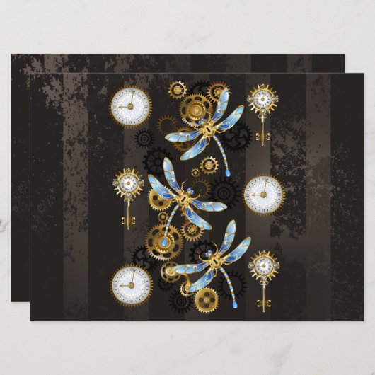 Steampunk Dragonflies op bruine gestreepte achterg Menu (Voorkant / Achterkant)
