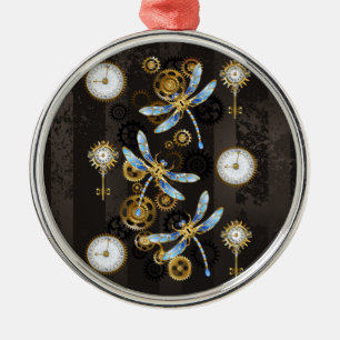 Steampunk Dragonflies op bruine gestreepte achterg Metalen Ornament