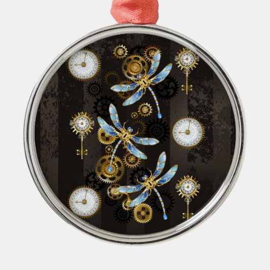 Steampunk Dragonflies op bruine gestreepte achterg Metalen Ornament (Voorkant)