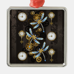 Steampunk Dragonflies op bruine gestreepte achterg Metalen Ornament