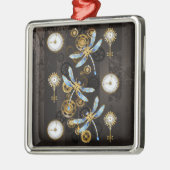 Steampunk Dragonflies op bruine gestreepte achterg Metalen Ornament (Links)