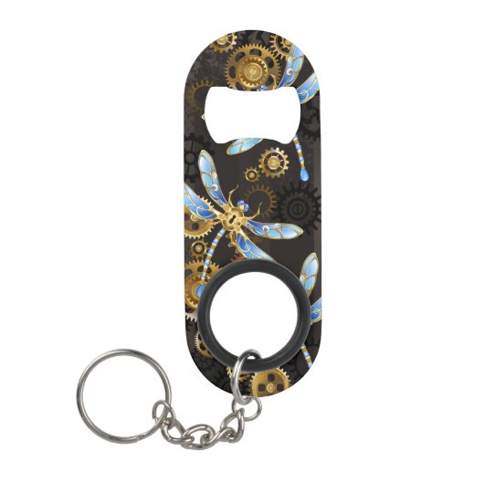 Steampunk Dragonflies op bruine gestreepte achterg Mini Flessenopener (Voorkant)