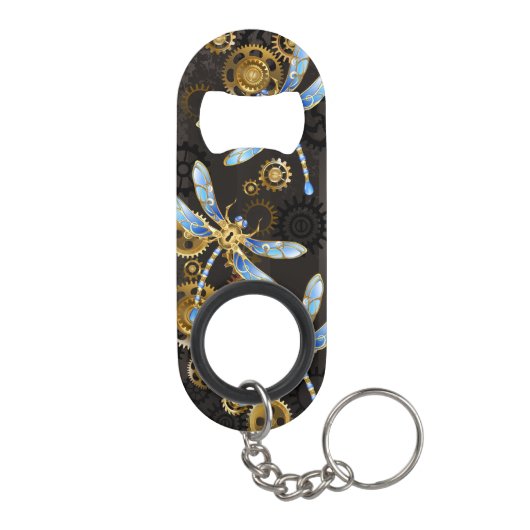 Steampunk Dragonflies op bruine gestreepte achterg Mini Flessenopener (Achterkant)