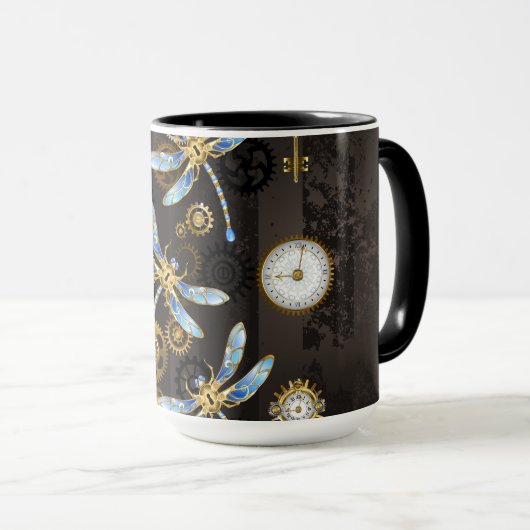 Steampunk Dragonflies op bruine gestreepte achterg Mok (Voorkant rechts)