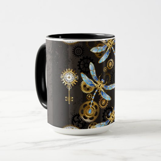 Steampunk Dragonflies op bruine gestreepte achterg Mok (Voorkant links)
