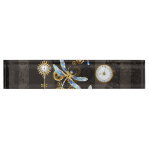 Steampunk Dragonflies op bruine gestreepte achterg Naambordje