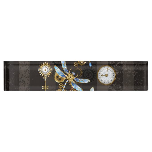 Steampunk Dragonflies op bruine gestreepte achterg Naambordje (Voorkant)