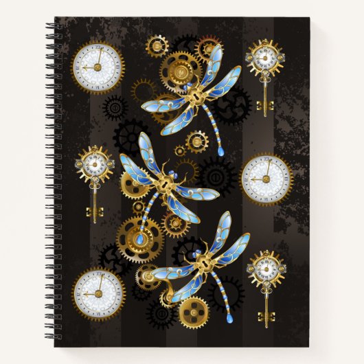 Steampunk Dragonflies op bruine gestreepte achterg Notitieboek (Voorkant)