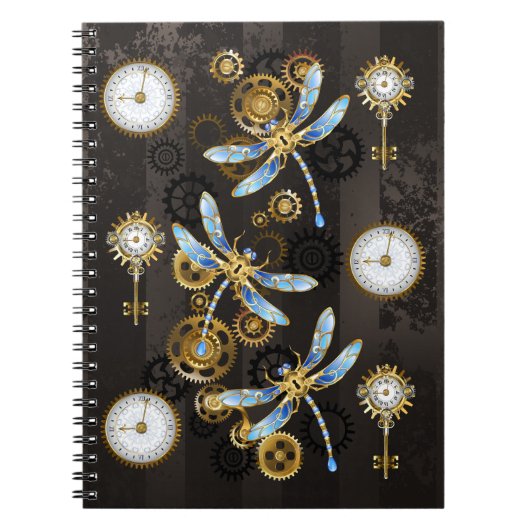 Steampunk Dragonflies op bruine gestreepte achterg Notitieboek (Voorkant)