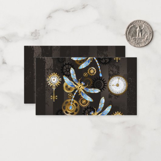 Steampunk Dragonflies op bruine gestreepte achterg Notitiekaartje (Voorkant / Achterkant in situ)
