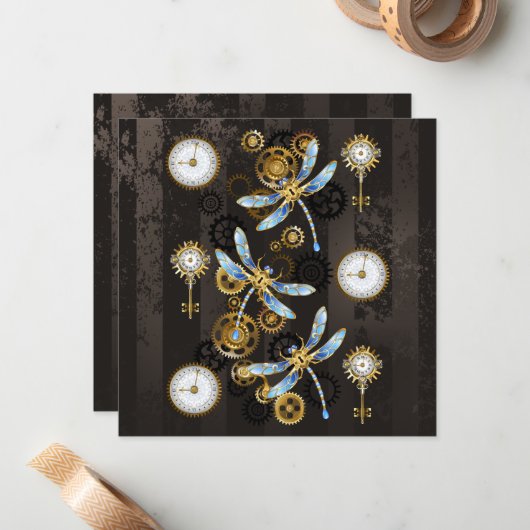 Steampunk Dragonflies op bruine gestreepte achterg Notitiekaartje (Voorkant / Achterkant in situ)