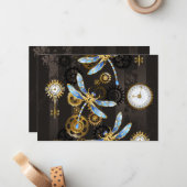 Steampunk Dragonflies op bruine gestreepte achterg Notitiekaartje (Voorkant / Achterkant in situ)