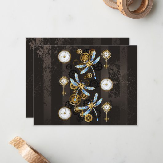 Steampunk Dragonflies op bruine gestreepte achterg Notitiekaartje (Voorkant / Achterkant in situ)