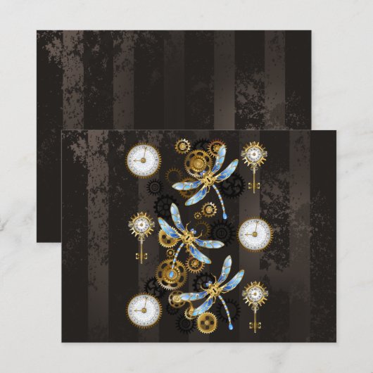 Steampunk Dragonflies op bruine gestreepte achterg Notitiekaartje (Voorkant / Achterkant)