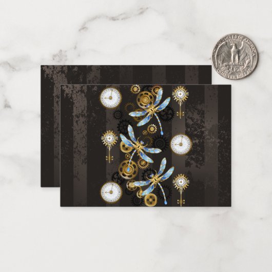 Steampunk Dragonflies op bruine gestreepte achterg Notitiekaartje (Voorkant / Achterkant in situ)