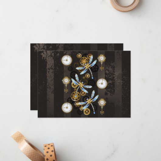 Steampunk Dragonflies op bruine gestreepte achterg Notitiekaartje (Voorkant / Achterkant in situ)