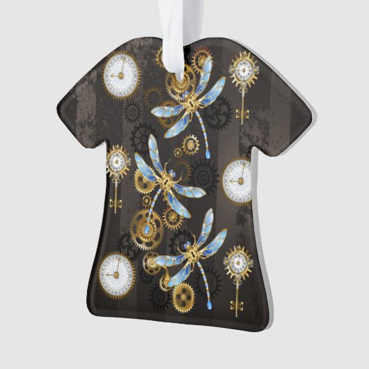 Steampunk Dragonflies op bruine gestreepte achterg Ornament (voorkant)