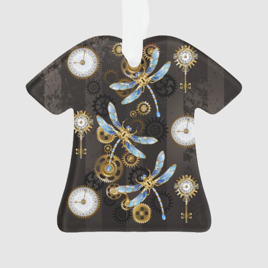 Steampunk Dragonflies op bruine gestreepte achterg Ornament (voorkant)