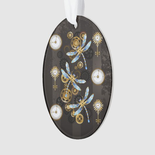 Steampunk Dragonflies op bruine gestreepte achterg Ornament (voorkant)