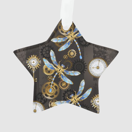 Steampunk Dragonflies op bruine gestreepte achterg Ornament (achterkant)
