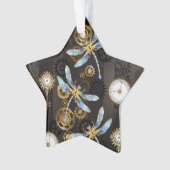 Steampunk Dragonflies op bruine gestreepte achterg Ornament (voorkant)