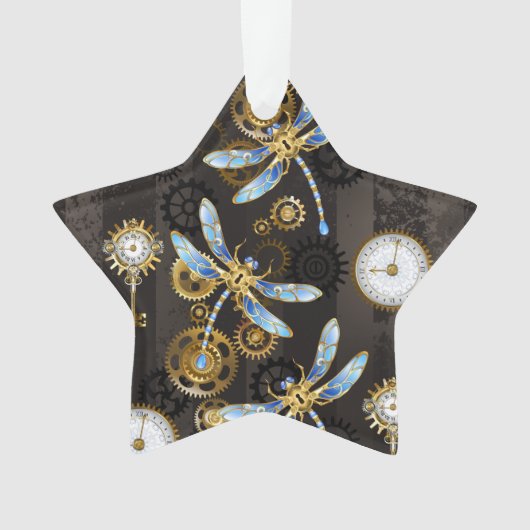 Steampunk Dragonflies op bruine gestreepte achterg Ornament (voorkant)