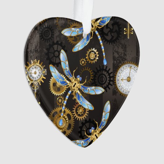 Steampunk Dragonflies op bruine gestreepte achterg Ornament (voorkant)