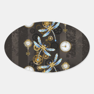 Steampunk Dragonflies op bruine gestreepte achterg Ovale Sticker